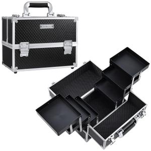 FRENESSA Makeup Train Case Makeup Case 11.8 Inch Large Cosmetic Box Organizer Travel Storage Professional Make Up Train Carrying Case with 6 Trays Locking Hard Vanity Storage Black