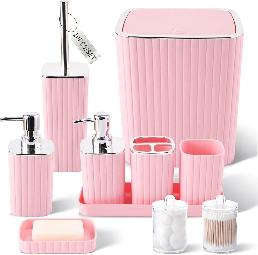Pink Bathroom Accessories Set - Gorgeous Bathroom Set, 10PC Bathroom Accessory Set, Toilet Brush, Trash Can, Qtip Holder & Soap Dispenser