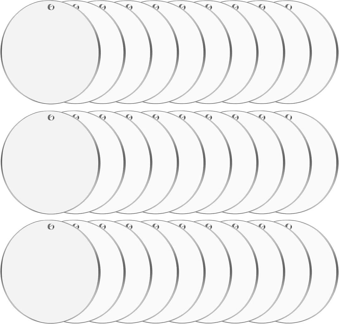 Cludoo 3.5 Inch Acrylic Ornaments Blanks, 30pcs Clear Round Acrylic Ornament Blanks, Acrylic Circle Disc Ornament Blanks with Hole for Vinyl, Christmas Decor, Engraving, Painting, and DIY Crafting