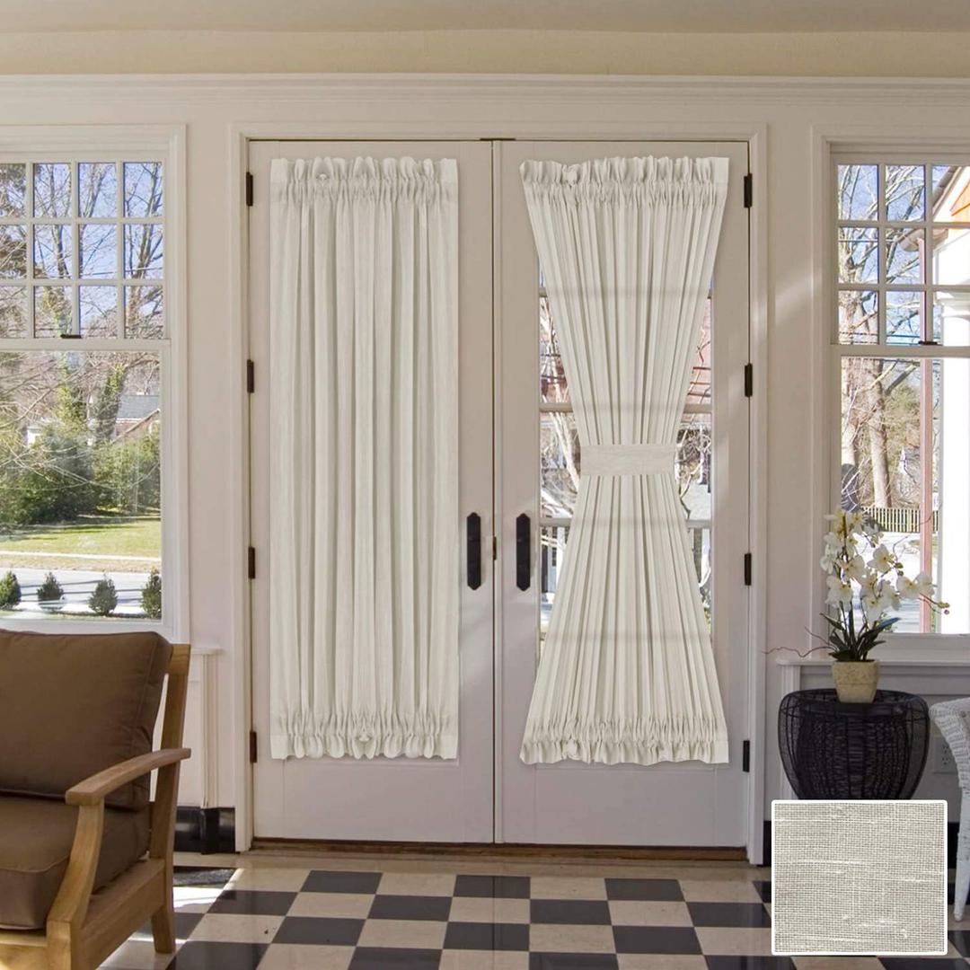 H.VERSAILTEX Linen French Door Curtains Privacy Light Reducing Door Curtain with Tieback | Rod Pocket Sheer Curtain 1 Panel for Glass Feature Open Weave Textured Linen - 52"x72" - Natural