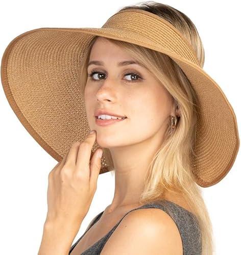 Women Sun Visors Foldable Straw Hats Summer Beach Packable Hat Floppy Wide Brim Cap Deep Style, Adjustable Size