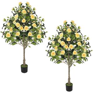 4FT Artificial Camellia Tree 2 Pack 47" Faux Camellia Plant with Black Pot, Realistic Leaves and Silk Floral Blooming for Indoor Outdoor Home Office Porch Decor, Yellow