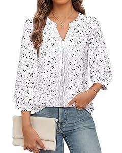 Unixseque Blouses for Women Dressy Casual 3/ 4 Sleeve Womens Business Casual Tops Henley V Neck White Dress Shirts Professional Clothes for Work Inter Tops Fall Summer Office Attire Swiss Dot, Medium
