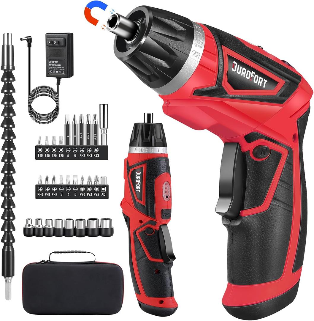 Cordless Electric Screwdriver Set, 8V 10Nm Rechargeable Power Electric Drill, Battery Screw Gun with Driver Bit, 320RPM/10+1 Torque, 2 Position Handle, Flexible Shaft LED Light (Red, 28Pcs)