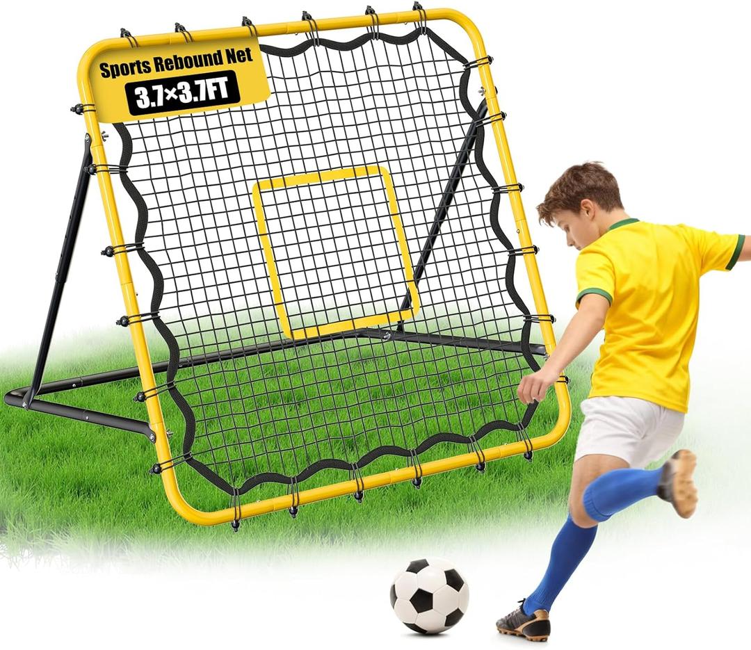 3.7 x 3.7 FT Rebound Net, with Pitching Target for Soccer, Baseball and Volleyball, Adjustable Pitching Rebound Net, Yellow