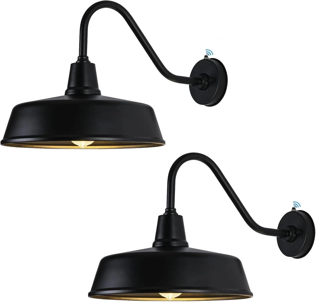 15" Barn Lights Outdoor Gooseneck Lighting, Dusk to Dawn Black Exterior Barn Lights for House, Farmhouse Wall Lighting Fixtures with Sensor for Porch Garage (2, 15" Diameter)