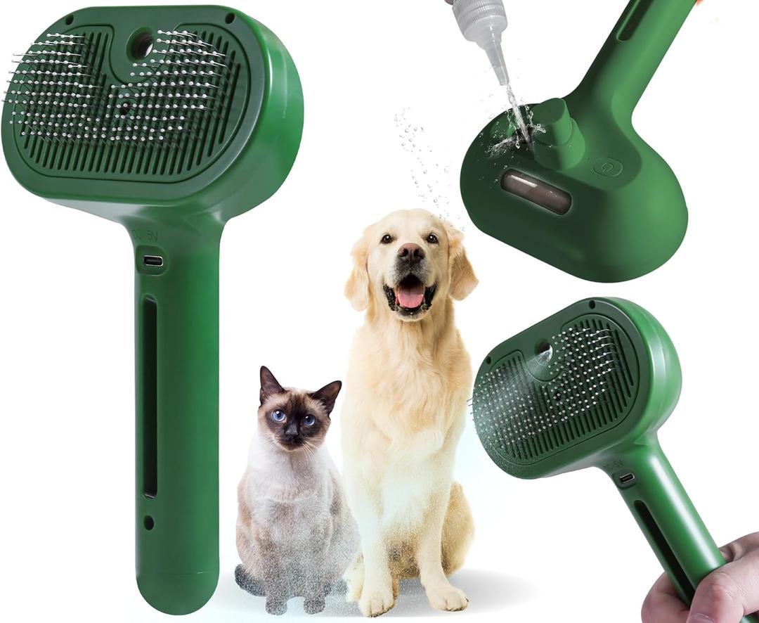 4 x Cat/Dog Deshedding Brush with Water Spray and Steamer - Grooming Tool for Shedding Hair Removal (Christmas Green)