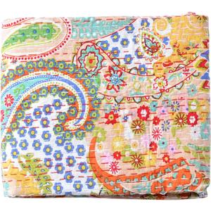 Rajasthaniartdecor Vintage Handmade Kantha Quilt Indian Traditional Bed Cover Throw Paisley Printed Cotton Blanket Beige (King 90x108 Inch)