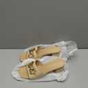 Coutgo Womens Raffia Slide Sandals Chunky Block Heeled Square Open Toe Metal Chain Slip on Mules Dressy Shoes, size 8 (Beige)