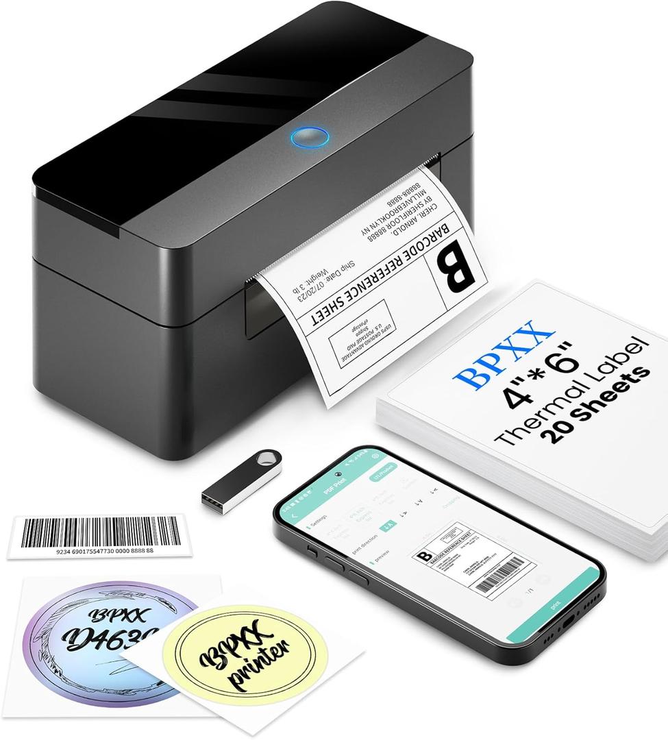 Bluetooth Thermal Label Printer,4x6 Shipping Label Printer for Small Business,with 203 DPI HD Resolution,Easy to Use,Compatible with iOS,Android,Windows,Mac,Amazon,Ebay,Shopify,USPS,Etsy,Black