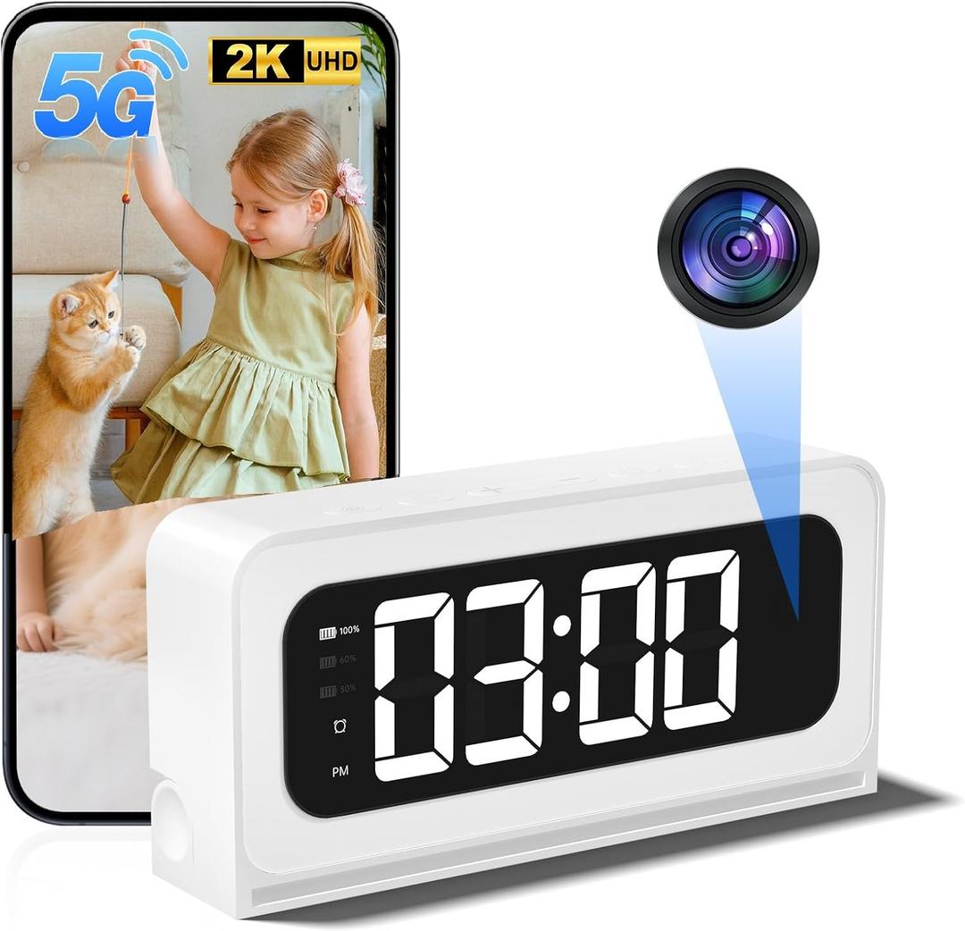 Clock Camera 2K,5G&2.4G WiFi Indoor Security Camera,Cameras for Home Security,3 in 1 Indoor Camera with Alarm,Full Color Night Vision Human Motion Detection,Local Storage