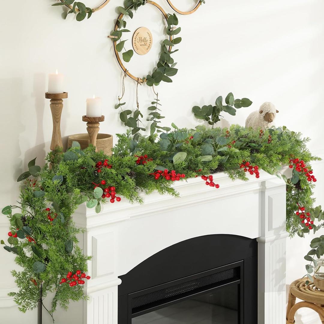 Yunlly 2 Pcs 8ft Christmas Cedar Garland Faux Greenery Cedar Garland Real Touch Artificial Pine Cypress Garlands with Berries Pinecones for Home Fireplace Indoor Outdoor Decor