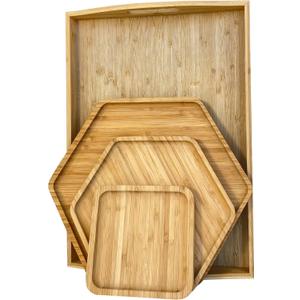 Bamboo Serving Trays Cutting Boards 16.5"x11.8"42x30cm with Handle, Set Includes 0.63"(1.6cm) Thick Plates 1xHexagon 12.5"(32cm)+1xHexagon 9.8"(25cm)+1xSquare 5.9"(15cm) for Family Dinner