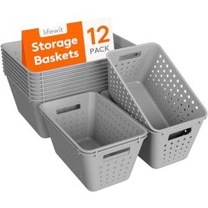 Lifewit Plastic Storage Basket, 12 Pack Stackable Storage Bins for Organizing, Multi Size Open Containers for Shelving, Pantry, Office and Cabinet, 8 Large and 4 Small Size, Gray