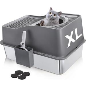 SOUJOY Stainless Steel Cat Litter Box with Lid, Extra Large Top Entry Litter Boxes for Big Cats, Enclosed Removable Metal Litter Box with Scoop and High Wall, Anti-Leakage, Easy Cleaning
