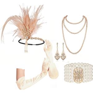 Cizoe 1920s Accessories Set for Women, Flapper Accessory Great Gatsby Costume Headband Flapper Necklace 20s Gloves (Ch)