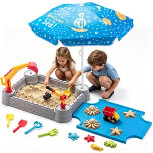 Excavator Sandbox for Kids with Lid and Umbrella, Working Digger, Dump Truck and 8 Sand Toys, Outdoor Construction Playset for Backyard and Beach, Ages 3+