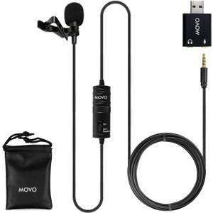 Movo LV1-USB Lavalier Microphone for Camera, Lapel for iPhone and Android Smartphones, Body Lav Mic, Clip On Microphone for 3.5mm, Shirt Lapel Mic for Phone, GoPro, Interview, Computer, PC