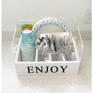 Wood disposable cutlery organizer with acrylic lid-protects from duct and insects-ideal for parties, kitchen and outdoors.