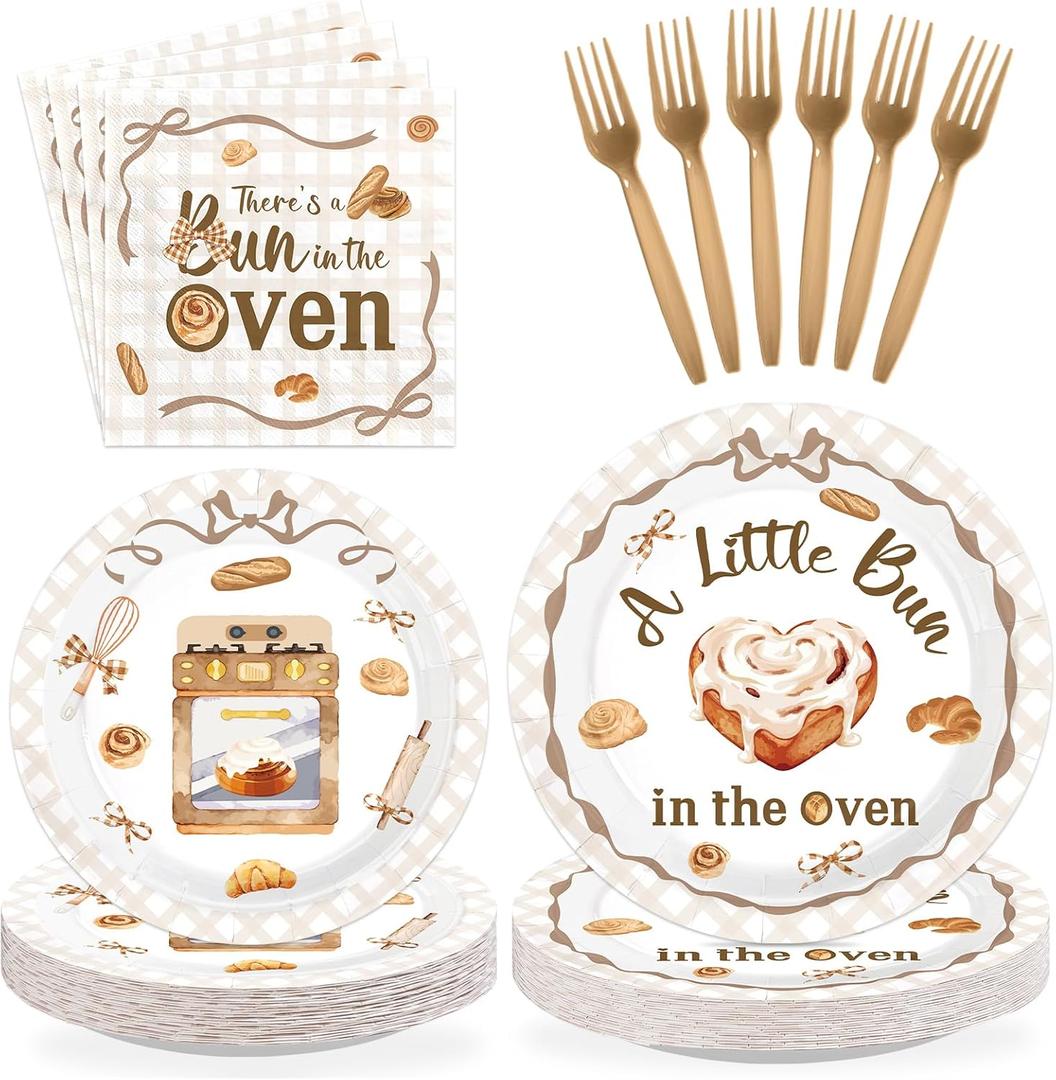 96Pcs A Bun in the Oven Baby Shower Decorations Brown Bread Plates and Napkins Baking Theme Gender Reveal Decorations for Kids Baby Shower 1st Birthday Breakfast Brunch Themed Party Supplies Serves 24