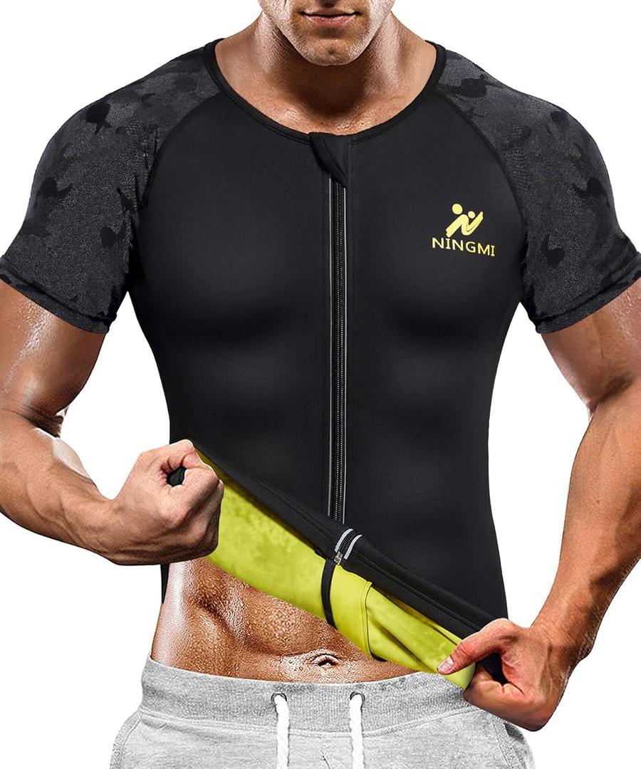 Sauna Suit for Men Hot Sweat Suit Sauna Shirt Sweat Body Shaper Workout Neoprene Suit Zipper Short Sleeve (XX-Large, Black)