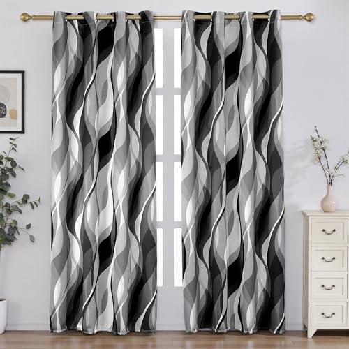 weesire Black and Grey Blackout Curtains Modern Striped Decorative 100% Light Blocking Darkening Grommet Grey Curtain for Living Room Villa, Bedroom Gray and White 2 Panels Set, 52x63 Inches