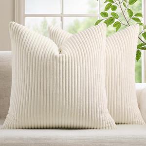 Mecatny Corduroy Summer Decorative Throw Pillow Covers 22x22 Set of 2 for Sofa Living Room, Soft Neutral Boho Couch Pillow Covers for Home Decor, Cream White