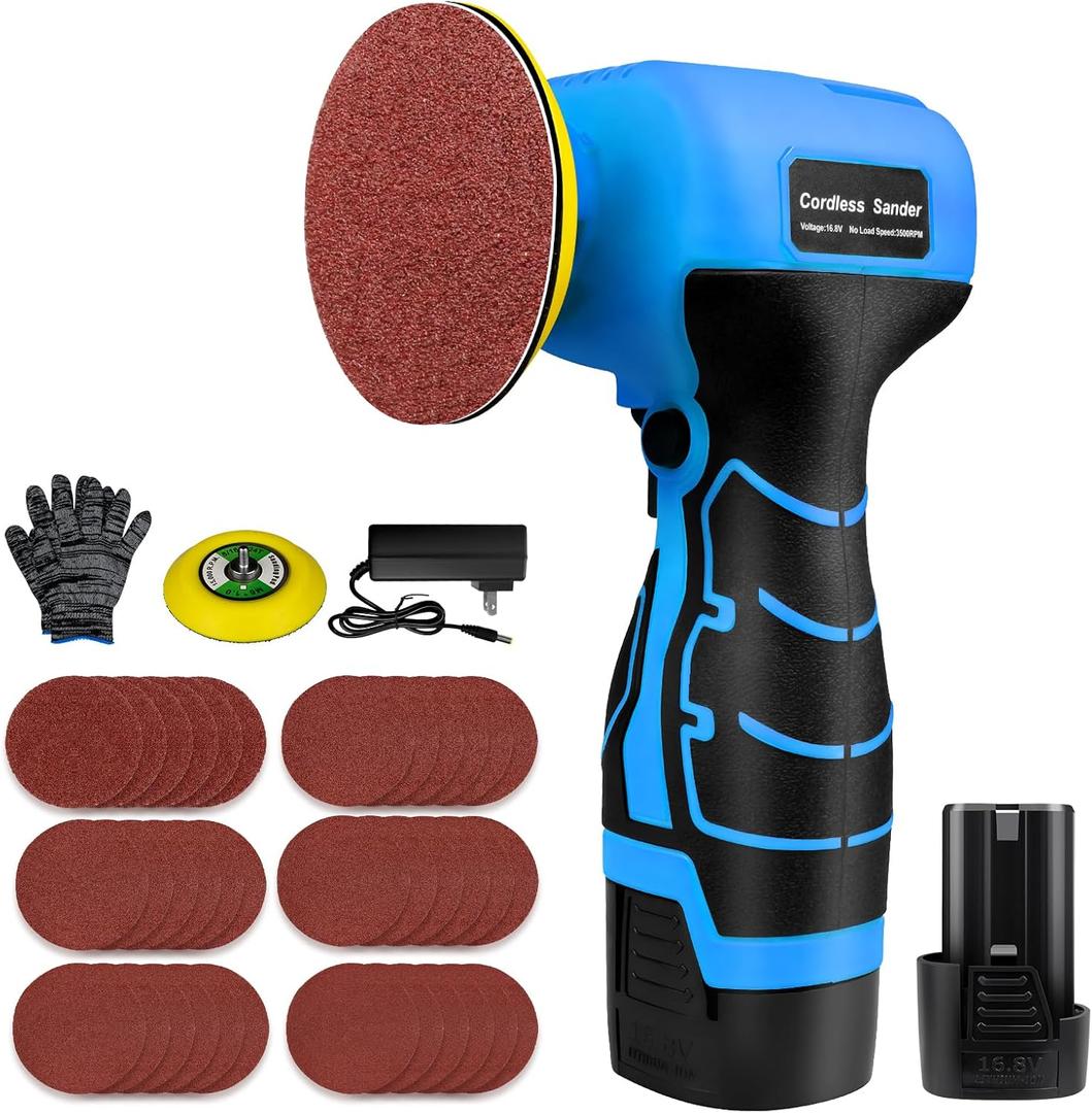 16.8V Cordless Electric Sander with 36PCS Sandpapers, 3500 RPM, 3.0Ah Battery, Lightweight & Compact Design for Wood, Metal, Paint Removal, and DIY Projects (Blue/Black)