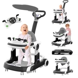 Foldable Baby Walker with 5 Modes, Music, 4-Height Adjustment, Push Handle, Bouncer, Food Tray, Sunshade - Baby Walker for Boys & Girls (6-12 Months, Black)