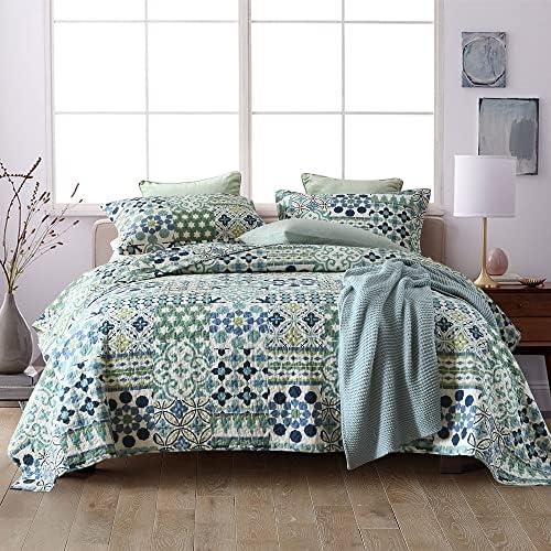 VISIMISI Cotton Bedspread Quilt Sets Reversible Coverlet Sets Comforters Vintage Bohemian Patchwork Bedspread (Green, Queen Size)