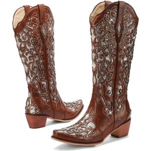 Western Cowboy Boots with Comfortable Calf Black Cowgirl Boot Women Sparkly Rhinestone Wedding Boots Trendy Vintage Tall Glitter Boot with Embroidery and Chunky Heel for Daily Wearing|Office|Party (7, Brown)
