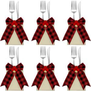 12 Pieces Christmas Silverware Holder Burlap Utensil Holder Xmas Tableware Holder Buffalo Plaid Cutlery Fork Bag for Christmas Party Dinner Tableware Decoration (Red and Black)