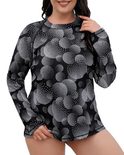 Halcurt Women's Plus Size Long Sleeve Rash Guard Swim Shirts UPF50+ Sun Protection Loose Fit Swimsuit Top Black Black Polka Dots 4X