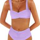 ANRABESS Bathing Suit for Women Tummy Control Bikini Set 2025 Beach Front Ruched Mid Waist Swimsuit with Adjustable Straps (Medium, Light Purple)
