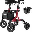 MAXWALK Walkers for Seniors, Rollator Walker with Seat, 10" Rubber Wheels All Terrain Rollator Walker with Backrest, Aluminum Walkers Built-in Cable, Foldable and Adjustable Height for Seniors, Red