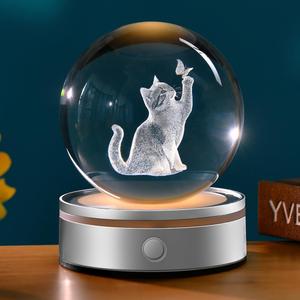 3D Cat Crystal Ball Gifts for Women 80mm Cat Lover Gift for Her Glass Sphere Kitten Night Light with 12 Colorful Modes Light Base