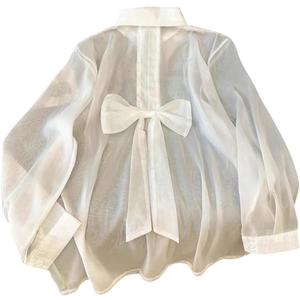 GORGLITTER Women's Plus Size Chiffon Long Sleeve Tops Blouse Dressy Casual Bow Collared Shirt Sheer Button Up Fall Top (White)