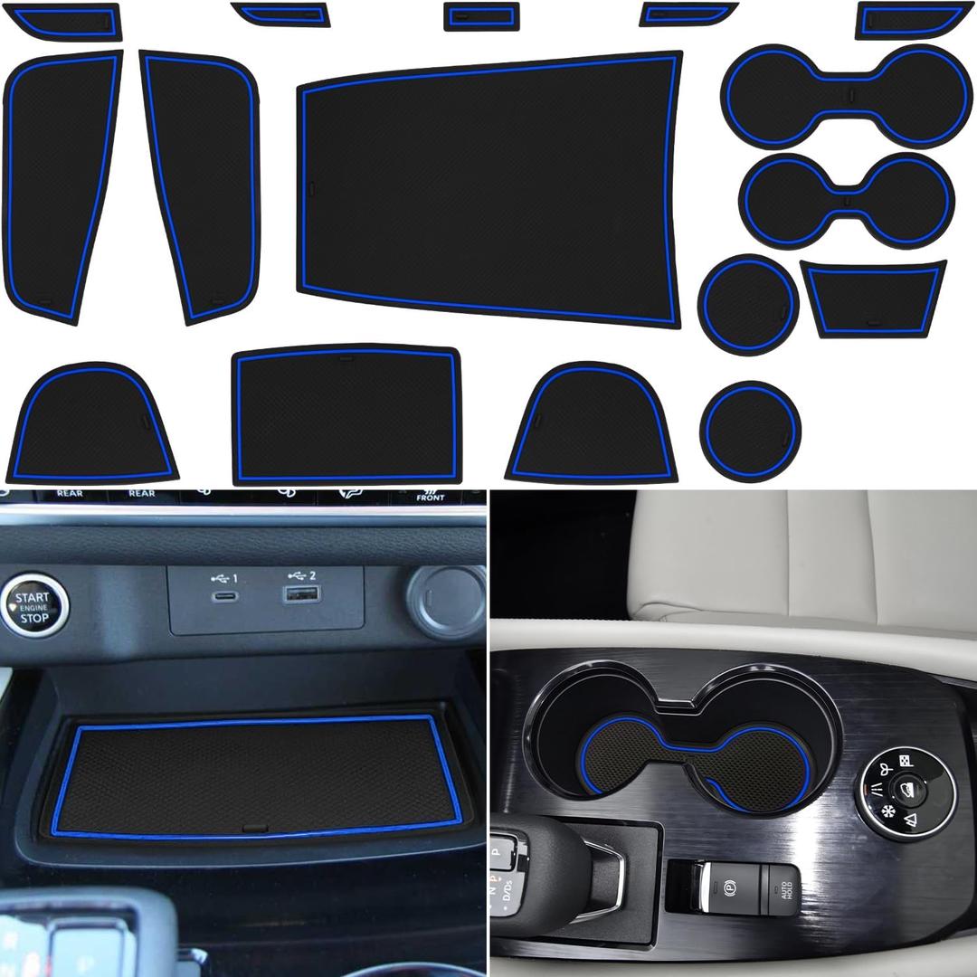 Center Console Liner for Nissan Rogue Accessories 2021-2024 2025 2026, Cup Holder Mat, Door Pocket Pad, Coaster Trim, Non-Slip Dust Interior, Custom Rubber Decoration Insert (17 Pcs, Blue Trim)