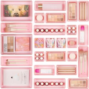Vtopmart 25 PCS Plastic Drawer Organizers Set, 4-Size Versatile Bathroom and Vanity Drawer Organizer Trays, Storage Bins for Makeup, Bedroom, Kitchen Gadgets Utensils and Office (Pink)