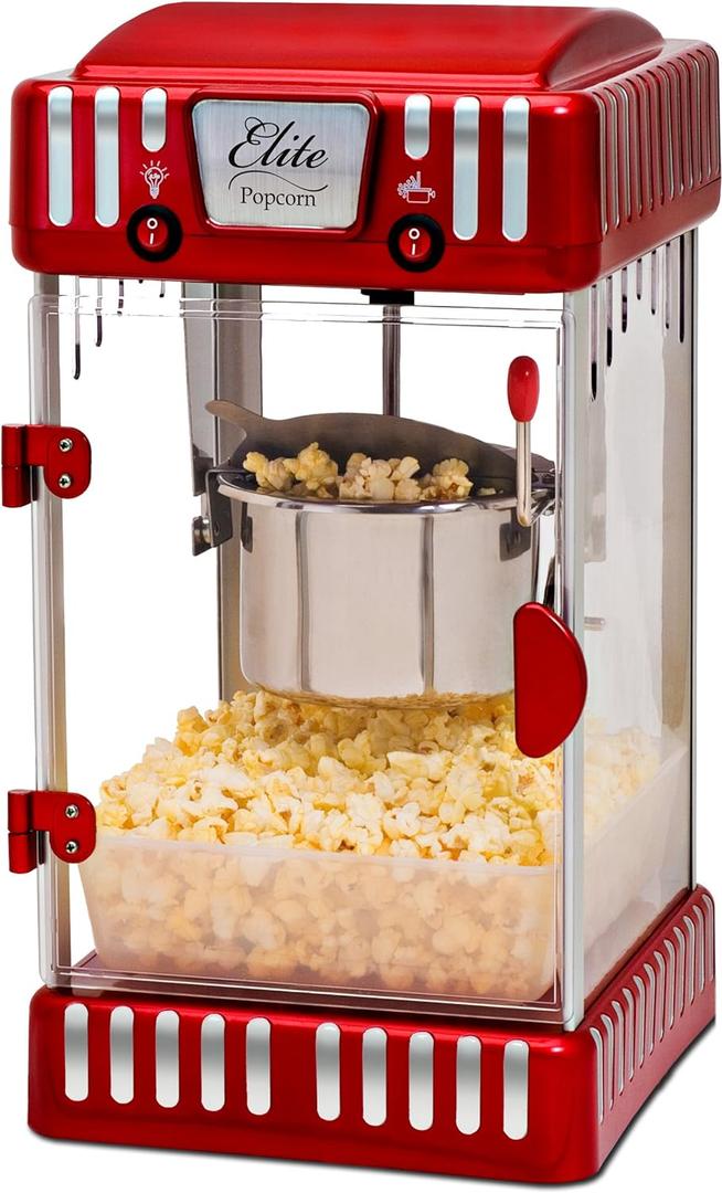 Elite Gourmet EPM-250 Maxi-Matic 2.5 Ounce Classic Carnival, Tabletop Kettle Popcorn Popper Machine, Retro-Style, Movie Hot Buttered Popcorn, Red (1-Gallon)