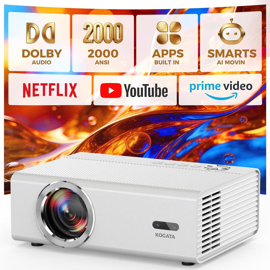 Smart Projector with WiFi and Bluetooth, Proyector-4K Support Official Licensed Apps, 2000 ANSI/AI Auto Focus/50W Dolby/HDR10+/Quiet, Kogata Portable Indoor/Outdoor Movie Projector Ceiling (White)