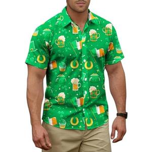 Yoimira Hawaiian Shirts for Men, Print Mens Casual Short Sleeve Button Down Shirts Floral Aloha Beach Shirt, (XXL, Clover and Beer-green)