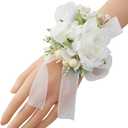 White Wrist Corsage for Women Bride Bridesmaids Wedding, Set of 6, Artificial Rose Corsages Wristlet for Prom Suit Accessories Bridal Shower Mother Homecoming Flowers Party Ceremony Anniversary