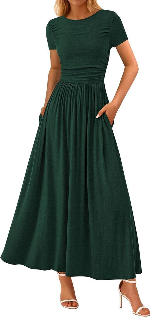 PRETTYGARDEN Women's Casual Dresses 2025 Summer Short Sleeve Ruched Patchwork A Line Pleated Swing Maxi Dress with Pockets (Dark Green,Large) (Green)
