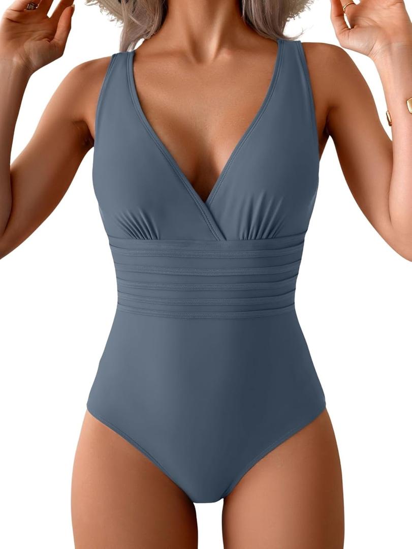 Eomenie One Piece Swimsuit for Women Tummy Control Slimming Bathing Suit Wide Straps V Neck Swim Suit Cross Back Swimwear (Small, Grey Blue)