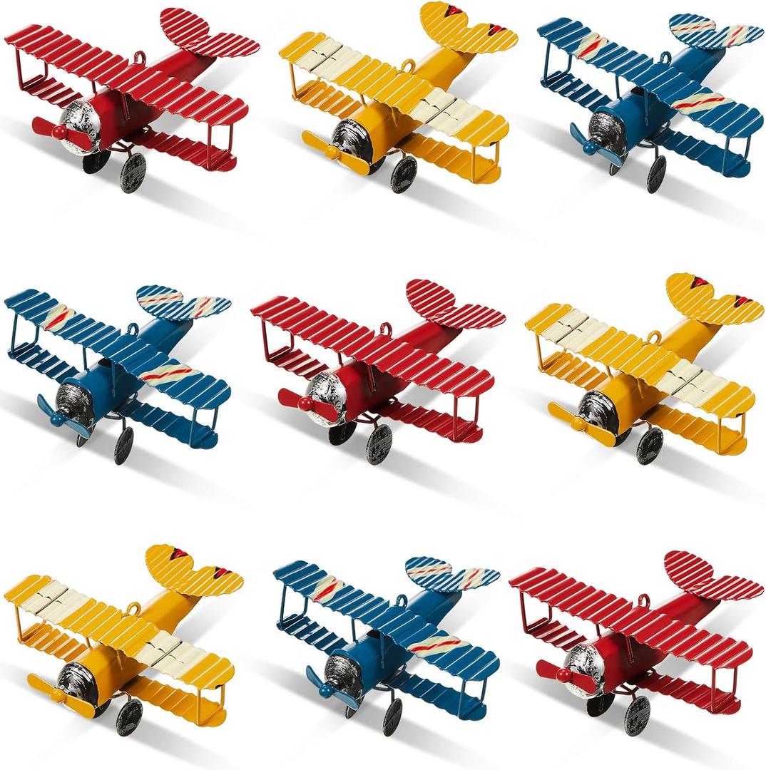 Therwen 9 Pcs Metal Airplane Decorations Vintage Airplane Ornament Hanging Iron Biplane Models Retro Plane Aircraft for Christmas Birthday Home Decor Room Desktop Ornament Photo Props, Red Blue Yellow
