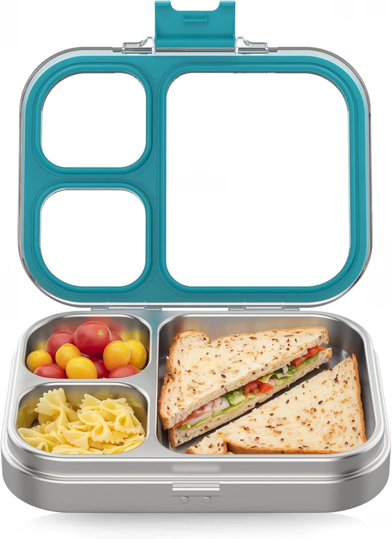 Stainless Steel Lunch Box, 3 Compartments Metal Bento Box for Kids Adults, Leak-Proof Lunch Box for School Office, Dishwasher Safe, BPA-Free, Tritan Lid, Blue