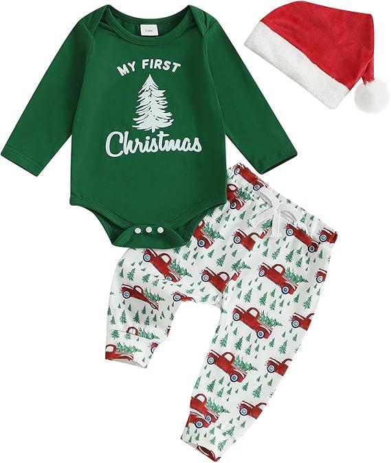 Baby Boy Christmas Outfit My First Christmas Long Sleeve Bodysuit Pants Santa Hat 3-Piece Clothes Set Size 3-6M