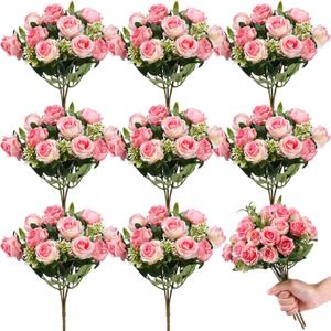 Zeyune 8 Pack 12 Inch Wedding Bouquets for Bride Bridesmaid Red Artificial Rose Bouquet Fake Silk Roses Flowers Bunches Bulk for Home Office Garden Parties(Pink)