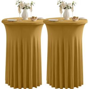 Qubjus 2 Pack Round Cocktail Table Covers with Skirt Stretch Spandex Tablecloth 32"x43" Cocktail Round Tablecloth for Party Wedding Birthday Banquet, Gold